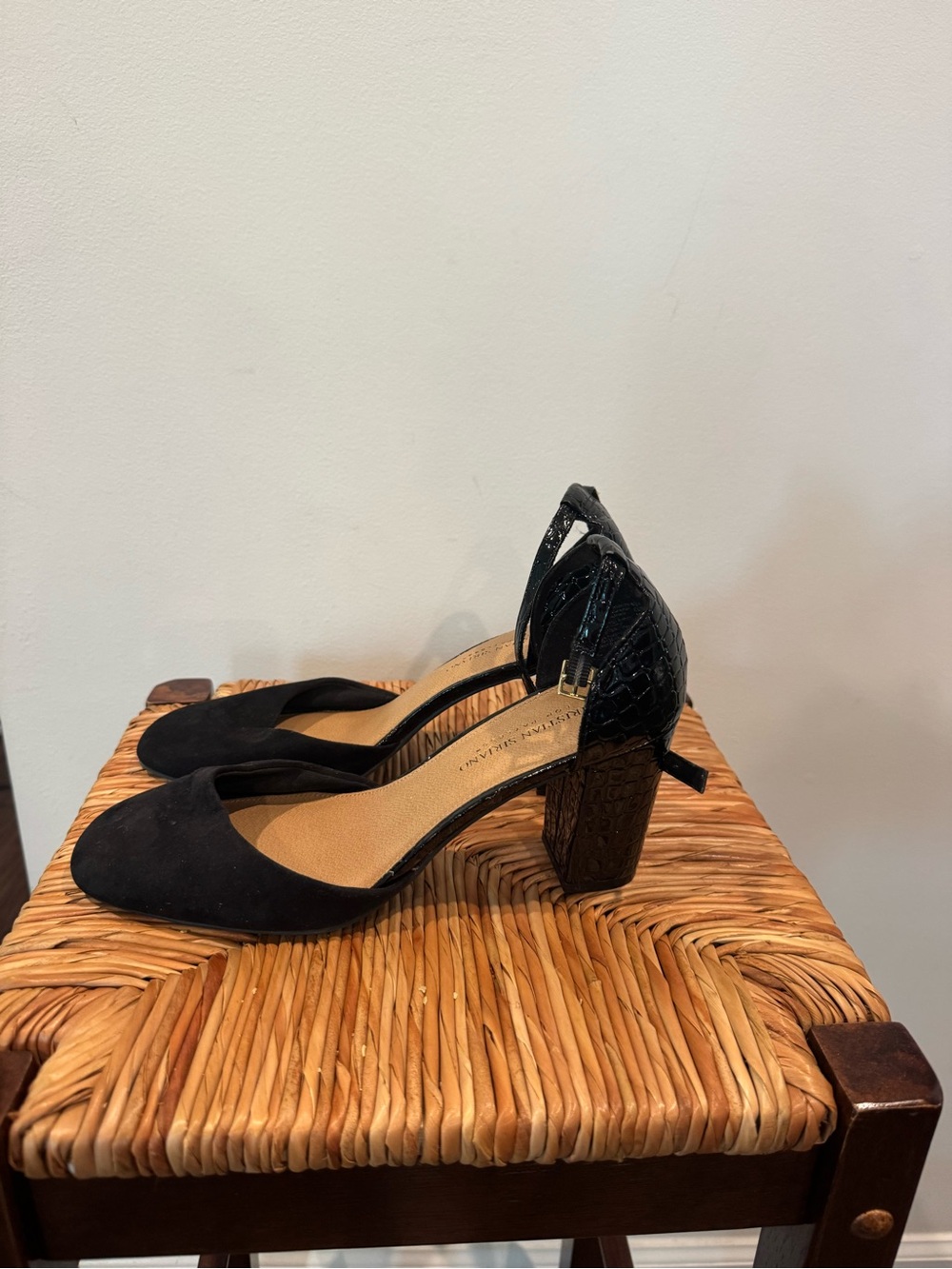 Christian Siriano Black Suede Block Heel Pumps with Croc Ankle Strap size 9.5